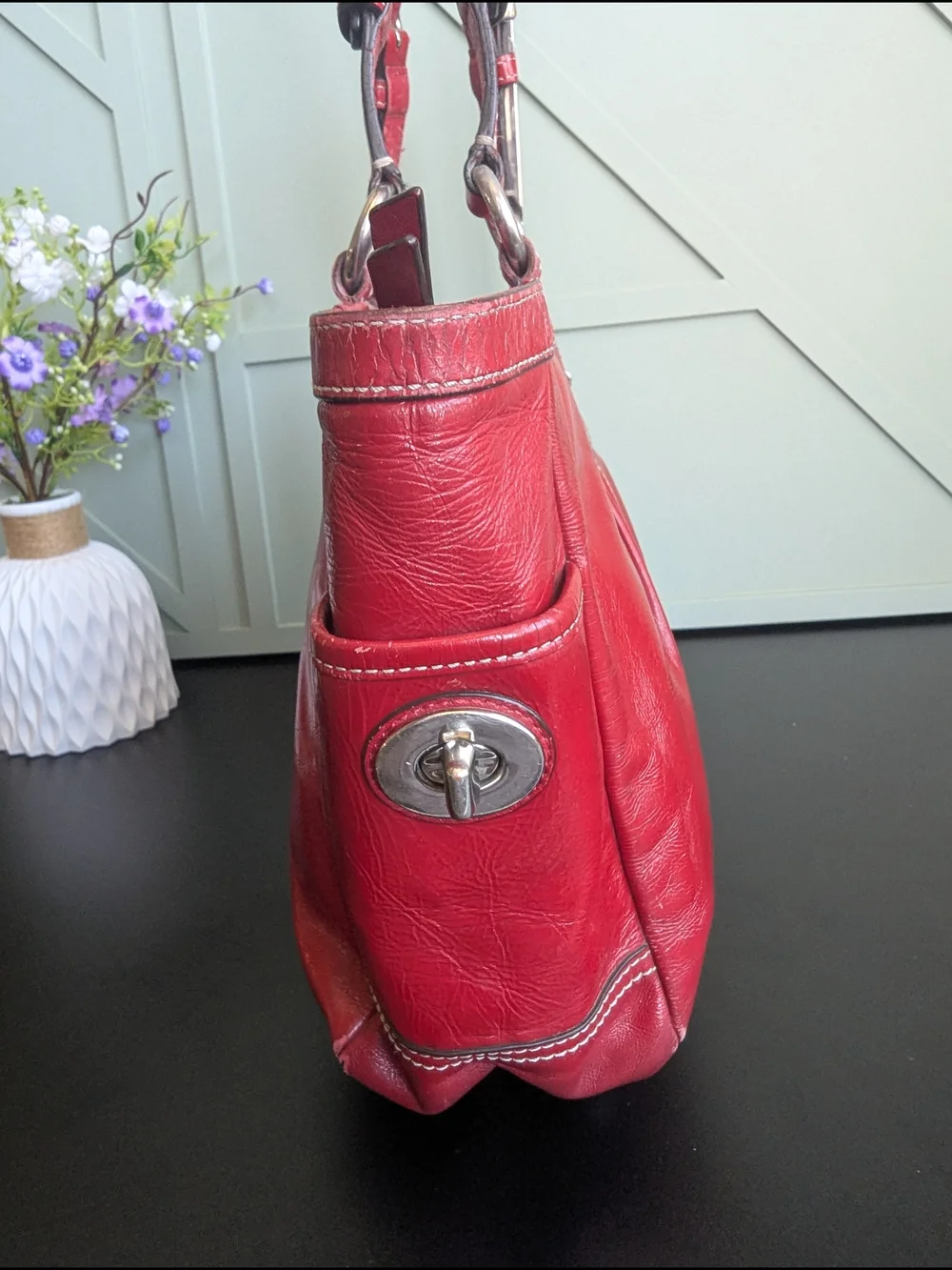 Coach Red Leather Shoulder Tote with Charm